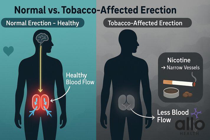 image shows how in normal erection there's good blood flow but in tobacco affected erection the blood flow is reduced due to damage to blood vessels caused by tobacco which reduces quality of erection leading to erectile dysfunction