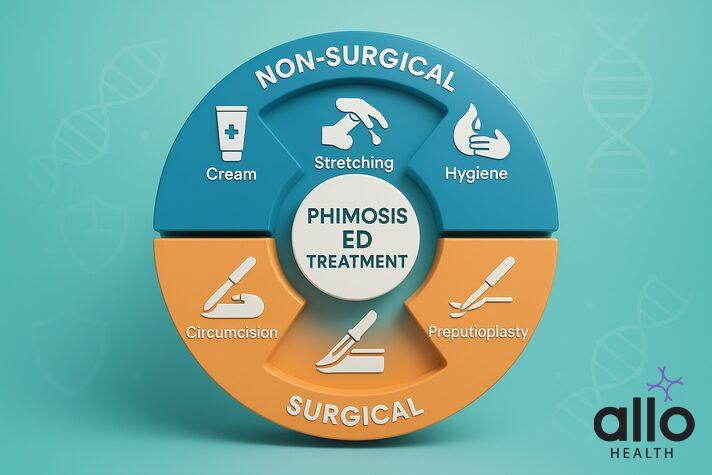 Phimosis erectile dysfunction treatment infographic showing non-surgical options like steroid creams, stretching, hygiene, and surgical options like circumcision and preputioplasty.