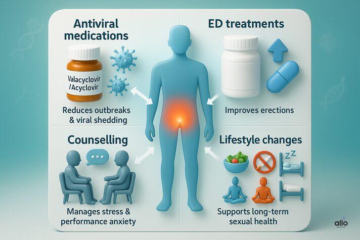 Managing herpes and ED with antivirals, ED meds, counselling, and lifestyle changes for sexual health.