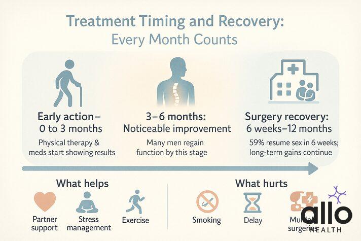 infographic explaining outcomes and milestones for herniated disc erectile dysfunction treatment recovery.