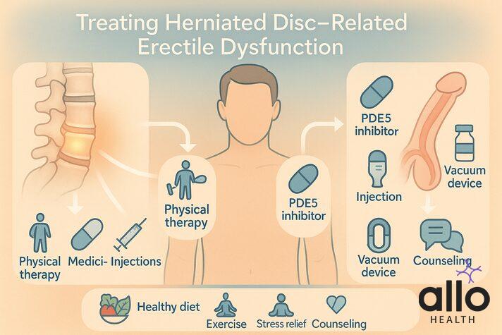 infographic showing dual pathways: left side spine treatments like physical therapy, injections, and surgery; right side erectile dysfunction treatments like Viagra, vacuum devices, and implants; bottom lifestyle icons, representing herniated disc erectile dysfunction treatment options.