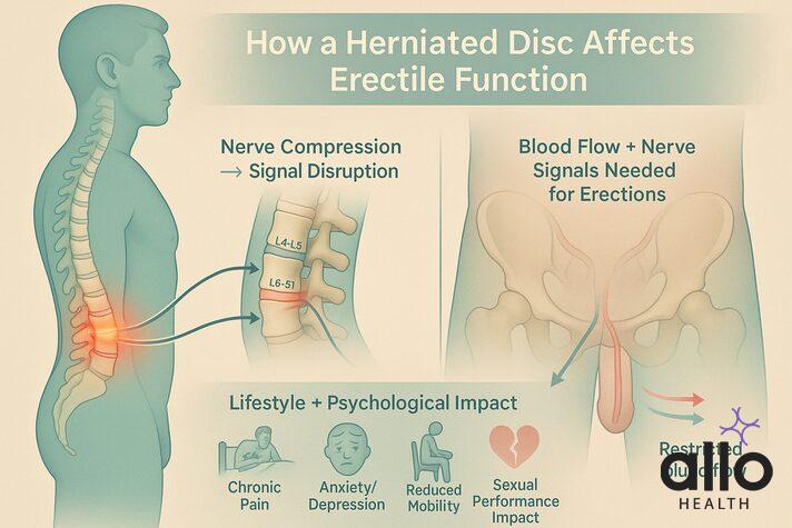 illustrating how nerve compression and circulation issues connect to erectile problems and the need for herniated disc erectile dysfunction treatment. 