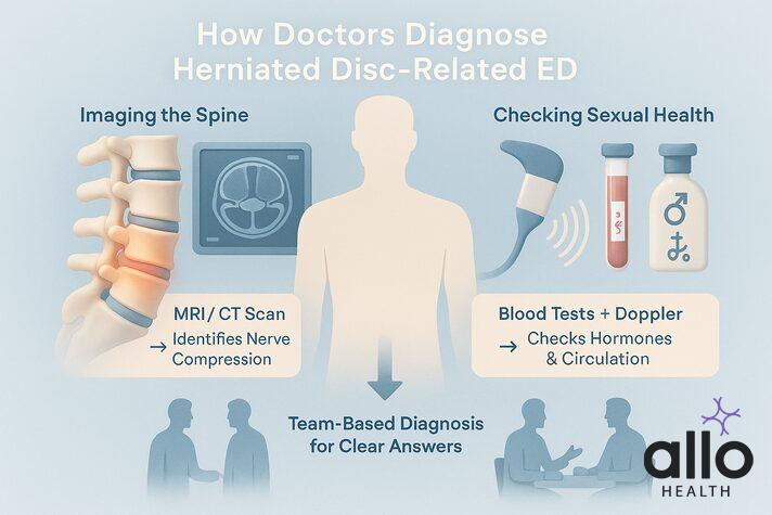 infographic split into two sides: MRI scan of lower spine with herniated disc on one side, penile Doppler ultrasound and blood test icons on the other, highlighting a team-based approach for herniated disc erectile dysfunction treatment diagnosis