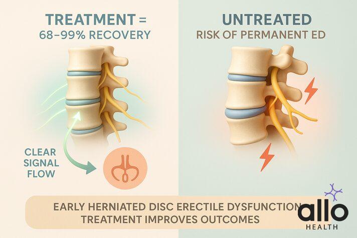 medical infographic of lumbar spine showing healthy vs. herniated disc with nerve compression, highlighting recovery and risks in herniated disc erectile dysfunction treatment.