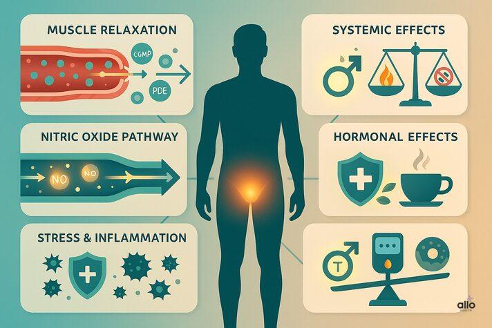 male silhouette with glowing pelvic area and five labeled panels: Muscle Relaxation (cGMP and PDE arrows), Nitric Oxide Pathway (NO molecules increasing flow), Stress & Inflammation (antioxidants shielding cells), Systemic Effects (hormone and metabolism balance), Hormonal Effects (testosterone and health icon with coffee)