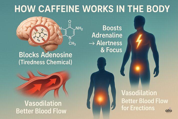 how caffeine affects the body. Brain with blocked adenosine labeled ‘tiredness chemical,’ male silhouettes with glowing chest and pelvic areas, adrenaline icon for alertness and focus, blood vessel with arrows showing vasodilation and better blood flow for erections. Heading: ‘How Caffeine Works in the Body.’”