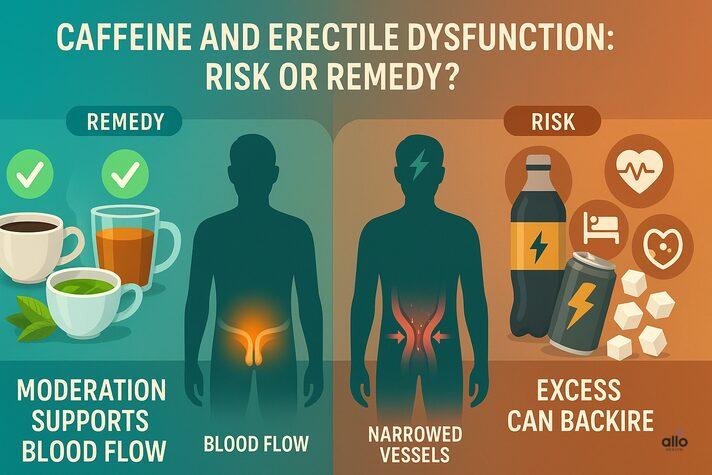 comparing caffeine as remedy vs risk. Left side: coffee, tea, green tea with check marks, male silhouette with healthy blood flow. Right side: energy drinks, soda, sugar cubes with warning icons, male silhouette with narrowed blood vessels. Heading: ‘Caffeine and Erectile Dysfunction: Risk or Remedy?’.