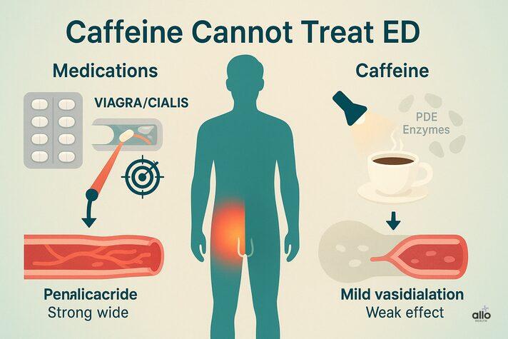 Comparing ED medications with caffeine. On the left: Viagra/Cialis shown as pills targeting PDE-5 with a laser focus, leading to strong wide blood vessels and improved erection. On the right: coffee cup with flashlight scattering on multiple PDE enzymes, showing mild vasodilation and weak effect. Central male silhouette highlights pelvic area. Heading: ‘Caffeine Cannot Treat ED.’