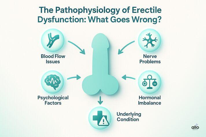 : Diagram of erectile dysfunction pathophysiology showing major causes: blood flow issues, nerve problems, hormonal imbalance, psychological factors, and underlying conditions.