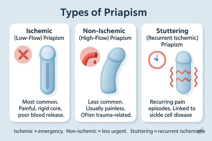 Infographic showing types of priapism: ischemic with painful rigid shaft and soft tip, non-ischemic with partial painless erection, and stuttering priapism with repeated painful episodes.”