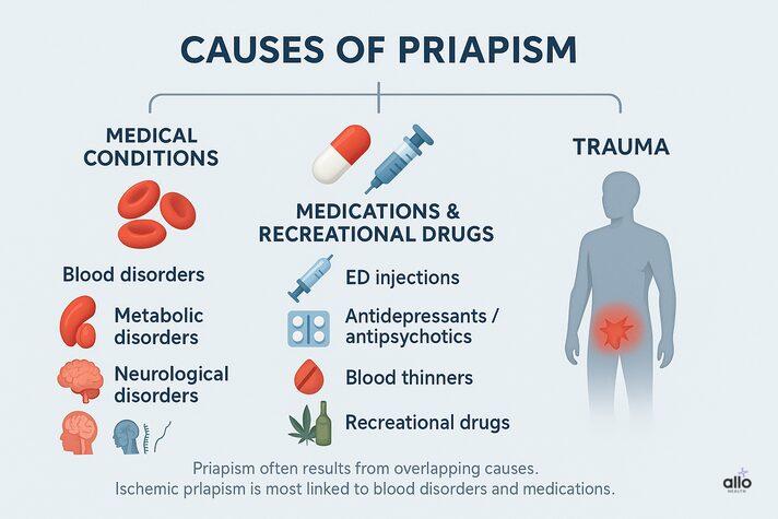 Infographic showing causes of priapism including blood disorders, metabolic and neurological conditions, medications, recreational drugs, and trauma.”