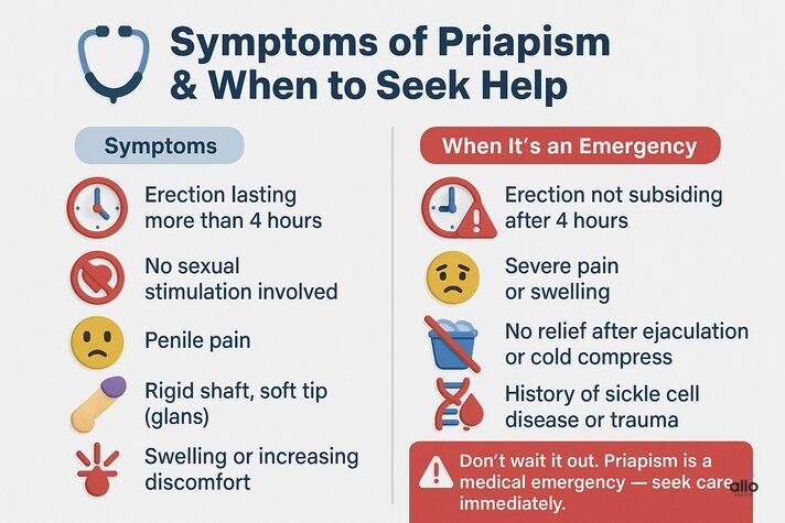 Chart listing symptoms of priapism and emergency signs: erection lasting more than 4 hours, pain, swelling, rigid shaft with soft tip, and need for urgent care.