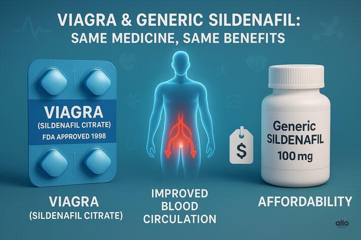 comparing Viagra and generic sildenafil. Both contain sildenafil citrate and work the same way to improve blood circulation. Generic sildenafil 100 mg is highlighted as a more affordable alternative to branded Viagra, which was FDA-approved in 1998.