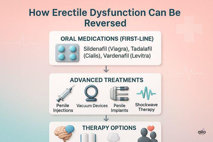Flowchart infographic explaining treatment options for erectile dysfunction to address can impotence be cured, including oral medications, penile injections, vacuum devices, penile implants, shockwave therapy, sex therapy, CBT, and couples therapy.