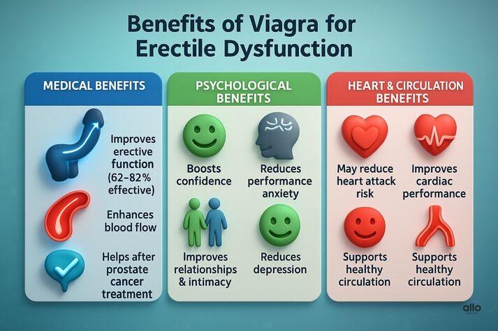 benefits of Viagra for erectile dysfunction. Medical benefits: improves erectile function (62–82% effective), enhances blood flow, helps after prostate cancer treatment. Psychological benefits: boosts confidence, reduces performance anxiety, improves relationships and intimacy, reduces depression. Heart and circulation benefits: may reduce heart attack risk, improves cardiac performance, supports healthy blood circulation.