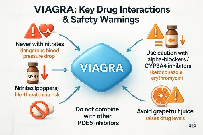 Viagra drug interactions and safety warnings. Never combine Viagra with nitrates (dangerous blood pressure drop) or nitrites found in poppers (life-threatening risk). Avoid grapefruit juice, which raises drug levels. Use caution with alpha-blockers and CYP3A4 inhibitors such as ketoconazole or erythromycin. Do not combine with other PDE5 inhibitors.