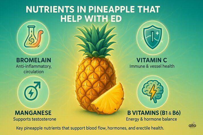 Pineapple surrounded by icons of bromelain, vitamin C, manganese, and B vitamins, highlighting their roles in circulation, vessel health, testosterone, and energy balance.