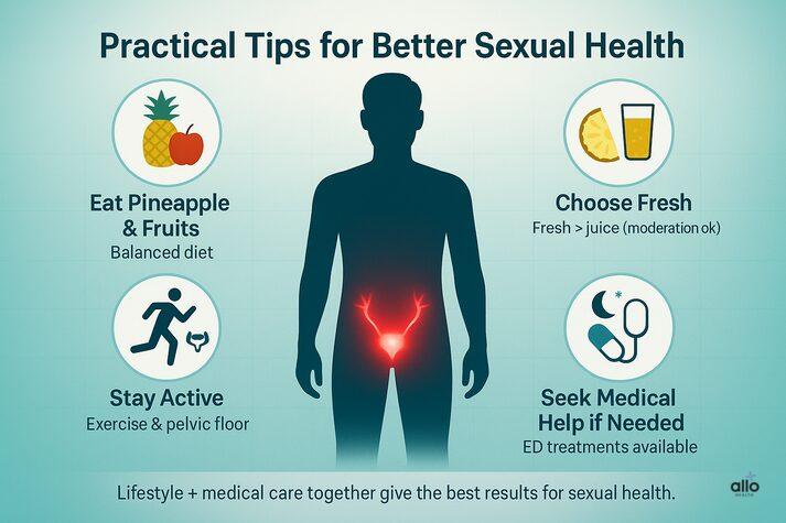 a male silhouette with pelvic area highlighted. Tips include eating pineapple and fruits, choosing fresh juice, staying active with pelvic floor exercises, and seeking medical help if needed.