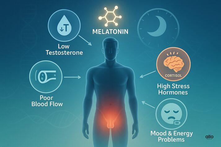  male silhouette with melatonin molecule and icons showing low testosterone, high stress hormones, poor blood flow, and mood problems linked to erectile dysfunction.