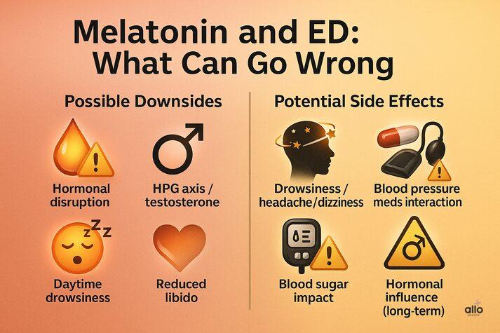melatonin and erectile dysfunction risks showing possible downsides like hormonal disruption, daytime drowsiness, reduced libido, and side effects including dizziness, blood sugar impact, and drug interactions.