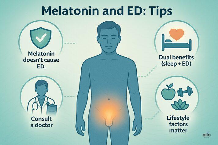 Melatonin and ED tips: melatonin doesn’t cause ED, consult a doctor, benefits for sleep and erectile health, and importance of lifestyle factors.