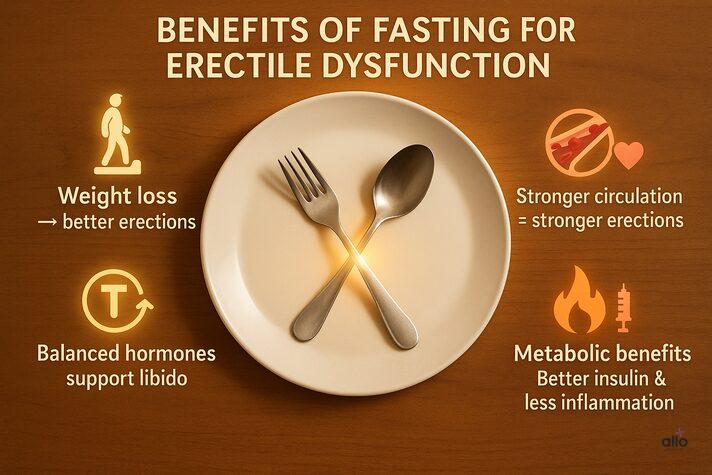 Empty plate with crossed spoon and fork in limelight, surrounded by icons for weight loss, improved blood flow, and testosterone — showing benefits of fasting for erections and addressing can fasting cause erectile dysfunction.