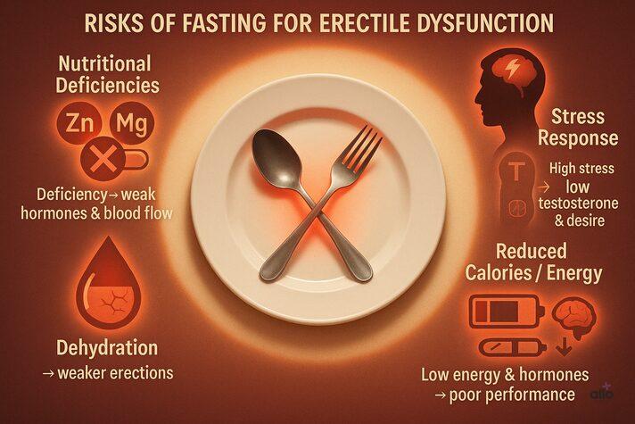 Warning-style empty plate with spoon and fork crossed, surrounded by icons for nutrient deficiency, cortisol stress, dehydration, and low energy — showing risks of fasting for erections and can fasting cause erectile dysfunction.