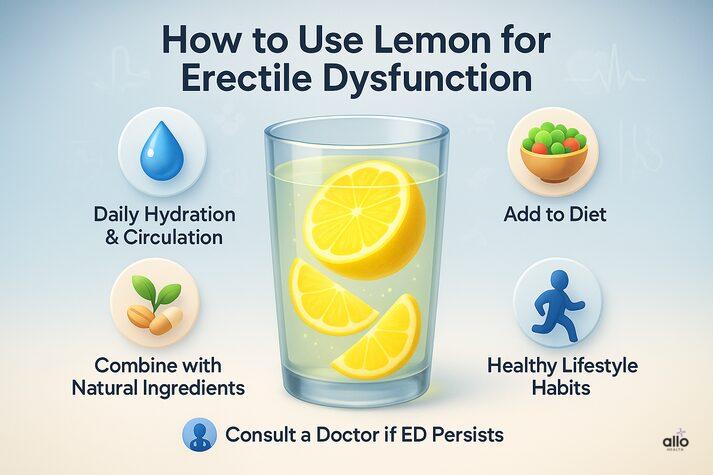 Lemon for Erectile Dysfunction: Benefits, Uses, Sexual Impact 3 how to use lemon for erectile dysfunction. A glass of lemon water is in the center with icons around it: daily hydration, add to diet, combine with natural ingredients, healthy lifestyle habits, and consult a doctor if ED persists.