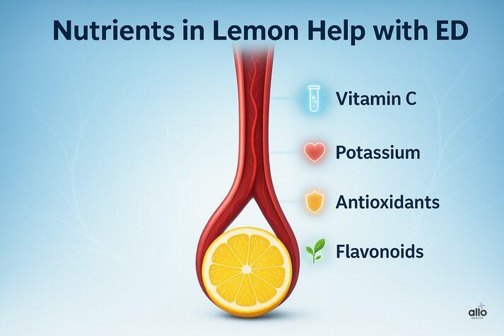 Lemon for Erectile Dysfunction: Benefits, Uses, Sexual Impact 1 lemon that help with erectile dysfunction. A sliced lemon is placed inside a glowing blood vessel with labeled nutrients: Vitamin C, Potassium, Antioxidants, and Flavonoids.
