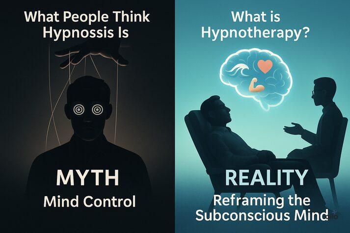comparing hypnosis myths and reality. Left: myth of mind control with puppet imagery. Right: reality of hypnotherapy showing therapist and client, reframing subconscious mind with positive associations.”