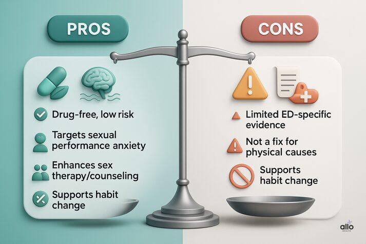 pros and cons of hypnosis for erectile dysfunction. Pros: drug-free, reduces performance anxiety, supports sex therapy, aids habit change. Cons: limited evidence, not effective for physical causes of ED.”