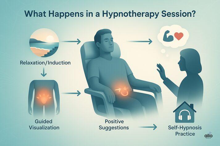 what happens in a hypnotherapy session for erectile dysfunction: relaxation induction, guided visualization, positive suggestions, and self-hypnosis practice.”