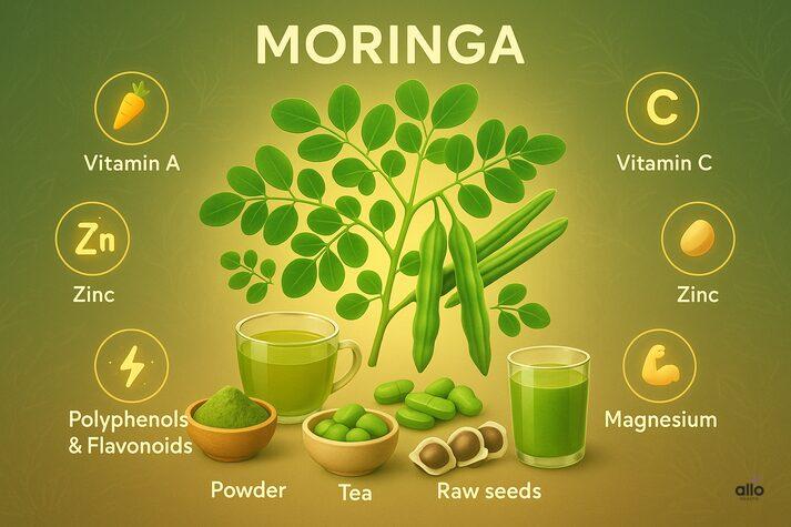 Moringa for Erectile Dysfunction: Uses and Benefits in Sexual Health 2 moringa plant with powder, tea, and raw seeds, highlighting nutrients like vitamin A, vitamin C, zinc, magnesium, polyphenols, and flavonoids for sexual health.