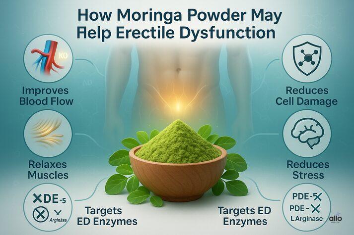 Moringa for Erectile Dysfunction: Uses and Benefits in Sexual Health 3 how moringa powder for erectile dysfunction may help by improving blood flow, relaxing muscles, reducing cell damage, lowering stress, and targeting ED enzymes.