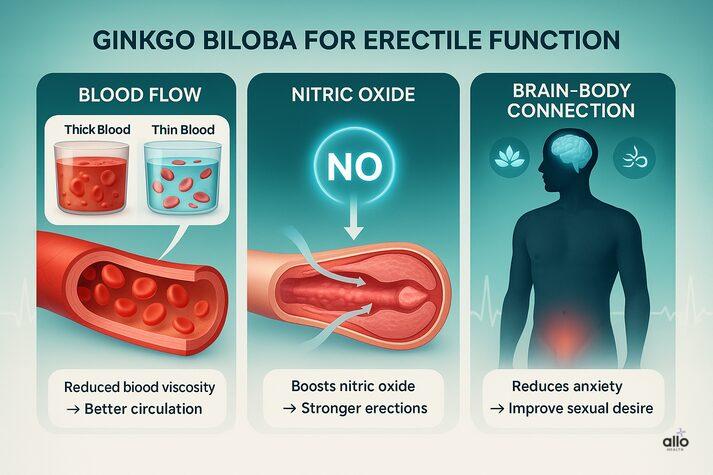 Ginkgo Biloba and Erectile Dysfunction: Benefits, Uses, and Side Effects 2 how Ginkgo Biloba may help erectile dysfunction: improving blood flow, boosting nitric oxide for stronger erections, and reducing anxiety.