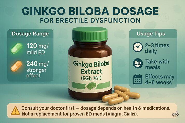 Ginkgo Biloba and Erectile Dysfunction: Benefits, Uses, and Side Effects 3 “Dosage guide for Ginkgo Biloba and erectile dysfunction, showing 120 mg for mild ED and 240 mg for stronger effect, with tips on meals and 4–6 week results.”