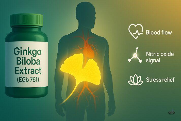 Ginkgo Biloba and Erectile Dysfunction: Benefits, Uses, and Side Effects 1 “Ginkgo Biloba extract and its effects on erectile dysfunction, highlighting better blood flow, nitric oxide signaling, and stress relief benefits.”