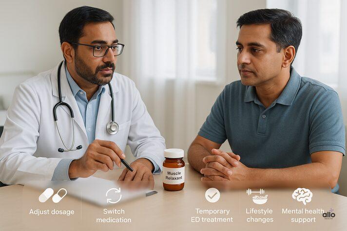 Doctor consulting a male patient about muscle relaxants and erectile dysfunction, with icons showing solutions like dosage adjustment, switching medication, temporary ED treatment, lifestyle changes, and mental health support — answering can muscle relaxers cause ED.