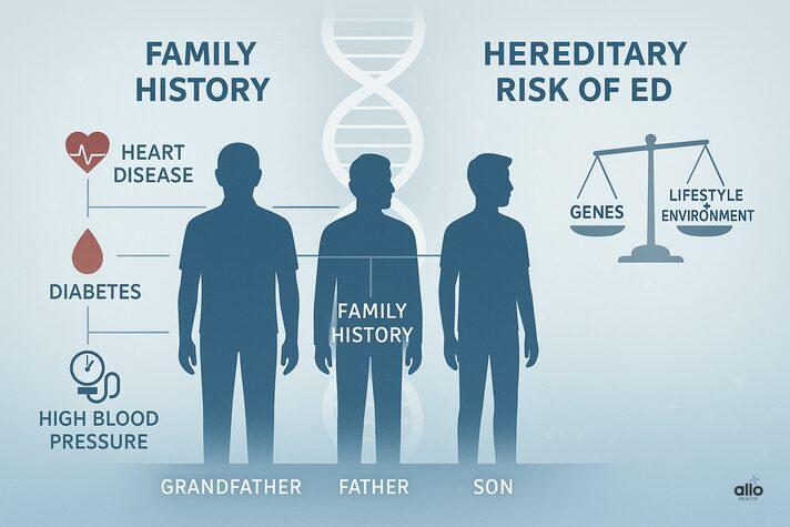 Genetics and Erectile Dysfunction: Link and Factors Affecting 5 Infographic illustrating is erectile dysfunction genetic with family history showing grandfather, father, and son, highlighting risks like diabetes, heart disease, and high blood pressure, alongside a scale balancing genes with lifestyle and environment.