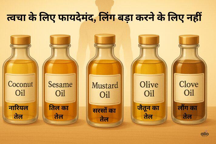 ling ko bada karne ka oil के नाम से बेचे जाने वाले पाँच तेल—नारियल, तिल, सरसों, जैतून और लौंग—बोतलों में पंक्ति में रखे हुए।