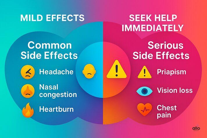 Vardenafil ke side effects – mild: headache, nasal congestion, heartburn; serious: priapism, vision loss, chest pain