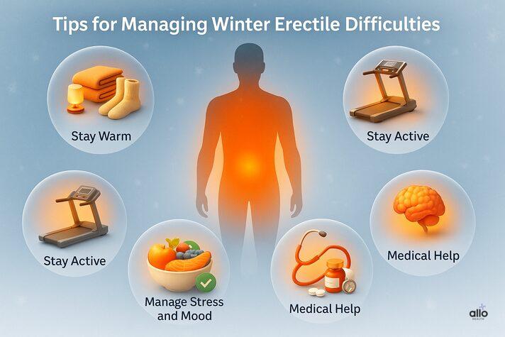 Can cold weather cause erectile dysfunction – 3D realistic infographic showing practical tips for managing winter ED: stay warm, stay active, manage stress, eat balanced diet, and seek medical help.