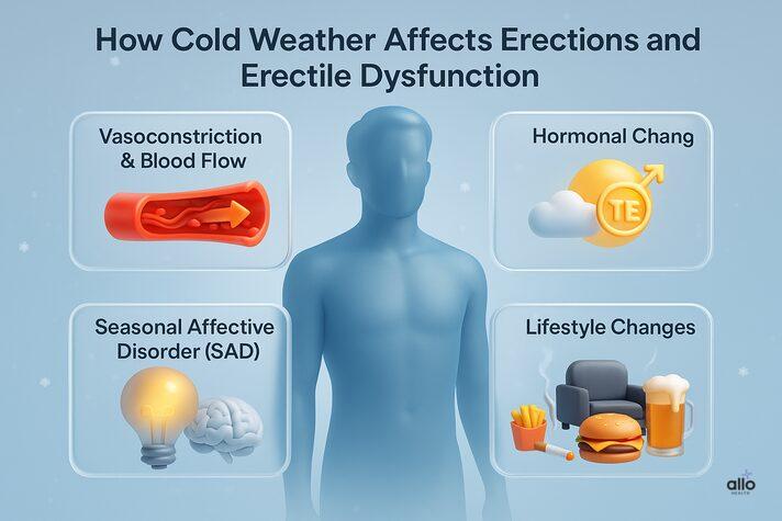 Can cold weather cause erectile dysfunction – 3D medical infographic showing vasoconstriction, hormonal changes, seasonal depression, and lifestyle shifts affecting erections in winter. 