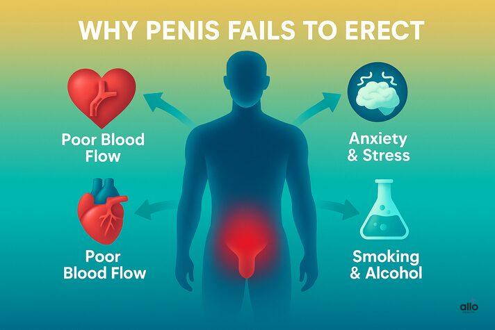 लिंग खड़ा क्यों नहीं होता? आम कारण और जरूरी जानकारी 2 ED causes: kharab khoon ka bahaav, anxiety stress, testosterone ke kam levels, smoking alcohol