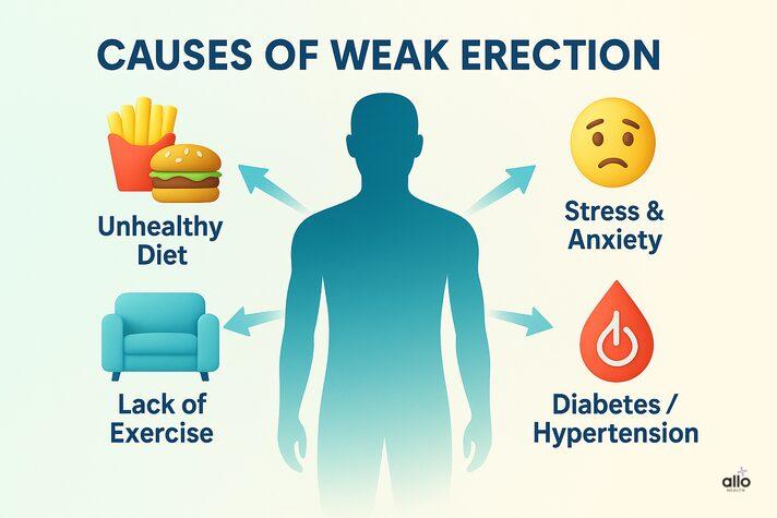 लिंग को टाइट और मजबूत कैसे बनाएं? घरेलू उपाय और व्यायाम 1 Ling ki kamzori ke karan – kharab diet, vyayam ki kami, tanav, diabetes aur high blood pressure