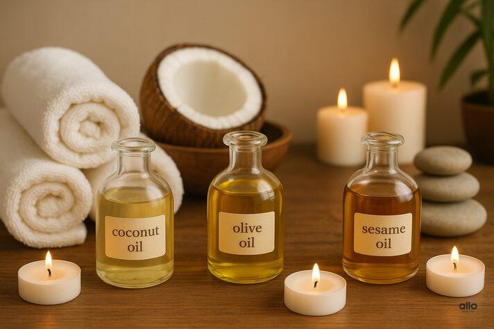 nariyal tel, jaitun ka tel aur til ke tel ki bottles ek spa me rakhi hui