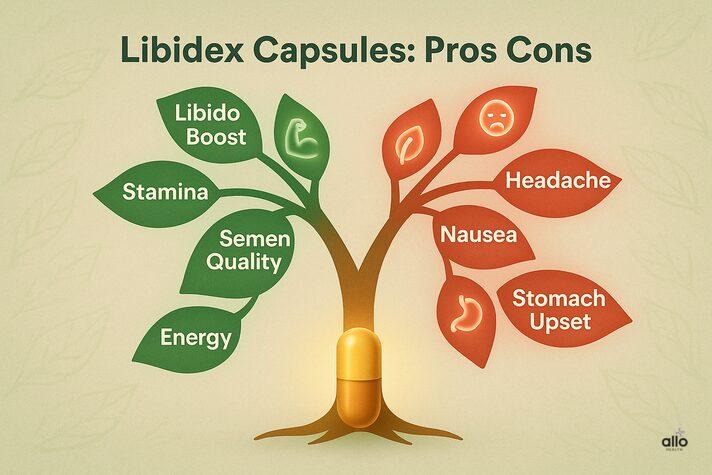 Libidex Capsule: Fayde (green) aur Side Effects (red) tree infographic.