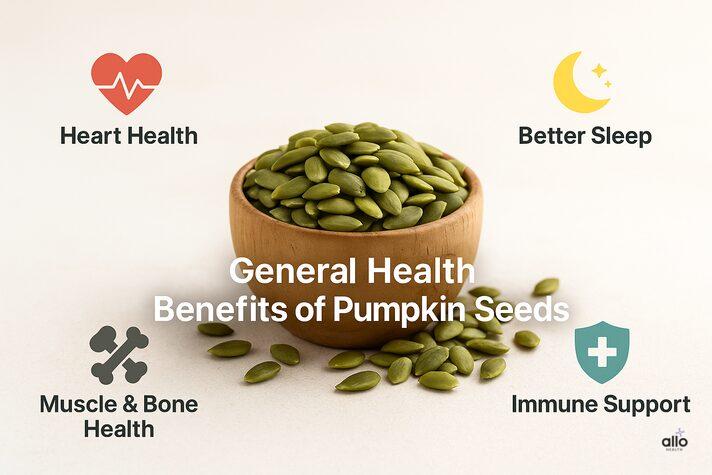 Benefits of pumpkin seeds sexually including heart health, muscle and bone strength, better sleep, and immune support shown with realistic green seeds.