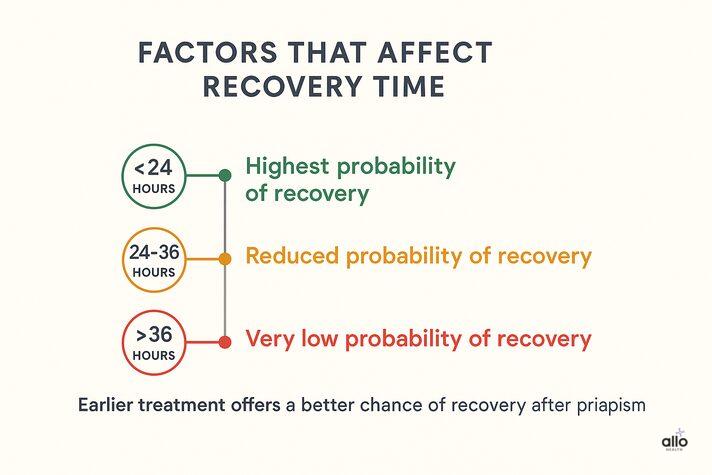 Timeline infographic showing factors that affect recovery after priapism: highest recovery if treated within 24 hours, reduced recovery at 24–36 hours, very low recovery after 36 hours. Message: earlier treatment improves outcomes.