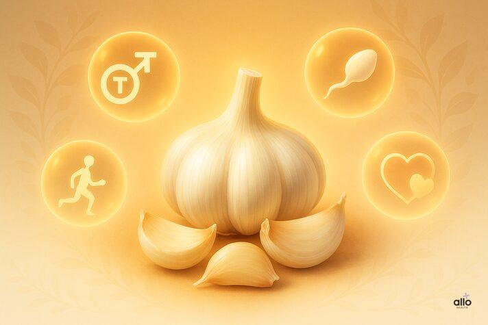 Garlic bulb with glowing bubbles showing testosterone, fertility, libido, and stamina benefits answering is garlic good for erectile dysfunction beyond ED
